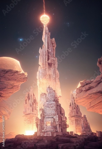 Ancient space architecture. Dark night fantasy landscape, light portal, stone structure. Neon light, rays, unknown planet. 3D illustration