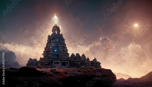 Ancient space architecture. Dark night fantasy landscape  light portal  stone structure. Neon light  rays  unknown planet. 3D illustration