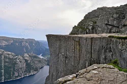 Preikestolen, Norway - rocky natural plateau high above the fjord. Lookout in the mountains in Scandinavia.