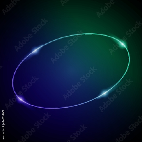 Neon Frame with Glow, and Sparkles. Electronic Luminous Oval Frame in Blue and Green Colors, for Entertainment Message or Promotion Theme on Dark Background