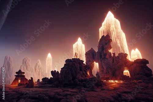 Ancient space architecture. Dark night fantasy landscape, light portal, stone structure. Neon light, rays, unknown planet. 3D illustration photo