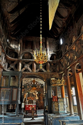 Lom, Norway - interior of an old wooden church, a historical Viking monument in northern Europe photo