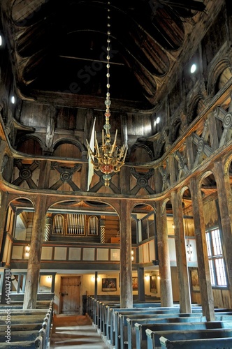 Lom, Norway - interior of an old wooden church, a historical Viking monument in northern Europe photo