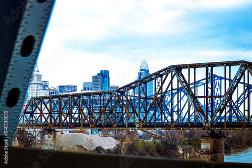 Iron Train Bridge Cincinnati over Ohio State River Cloudy Day Shot from Interstate Bridge