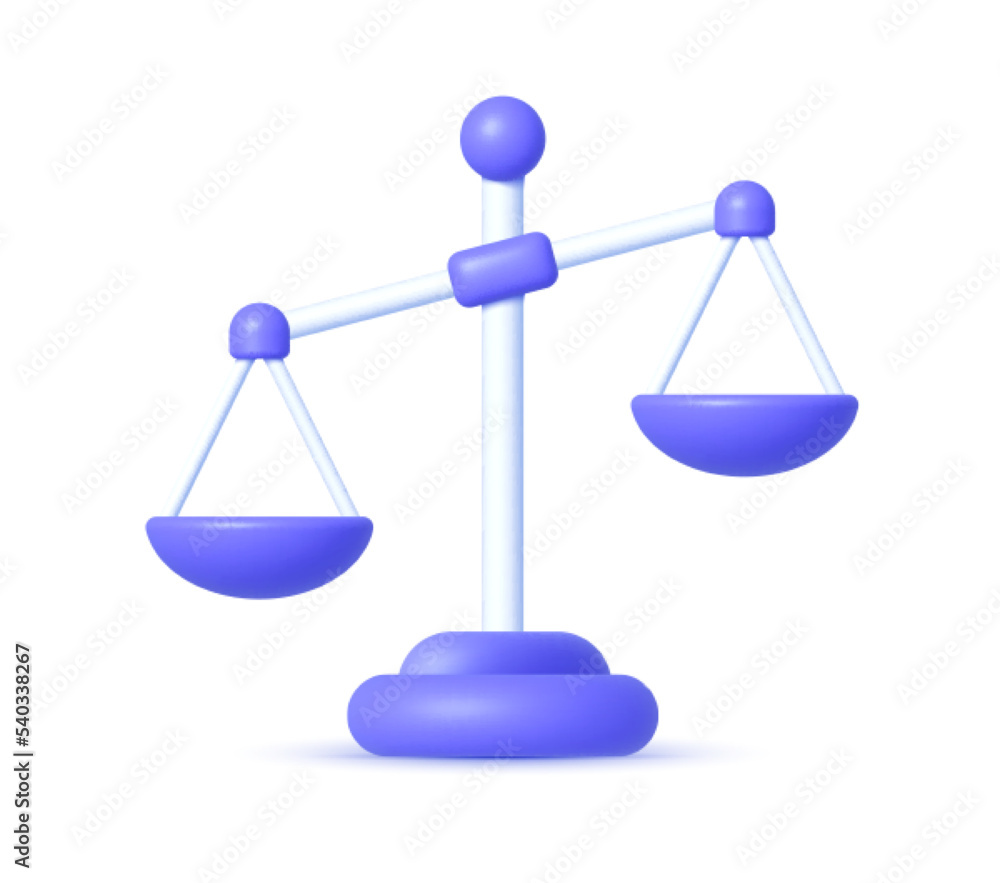 Classic scales of justice 3d, great design for any purposes. 3d object render. Cartoon minimal