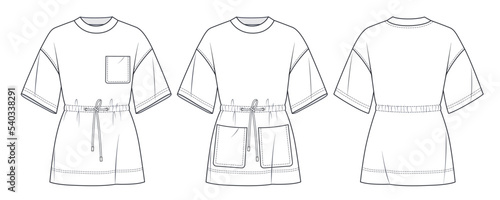 Overfit Tee Shirt fashion flat tehnical drawing template. Women's T-Shirt technical fashion Illustration, pocket, tie belt, front, back view, white color, CAD mockup set.