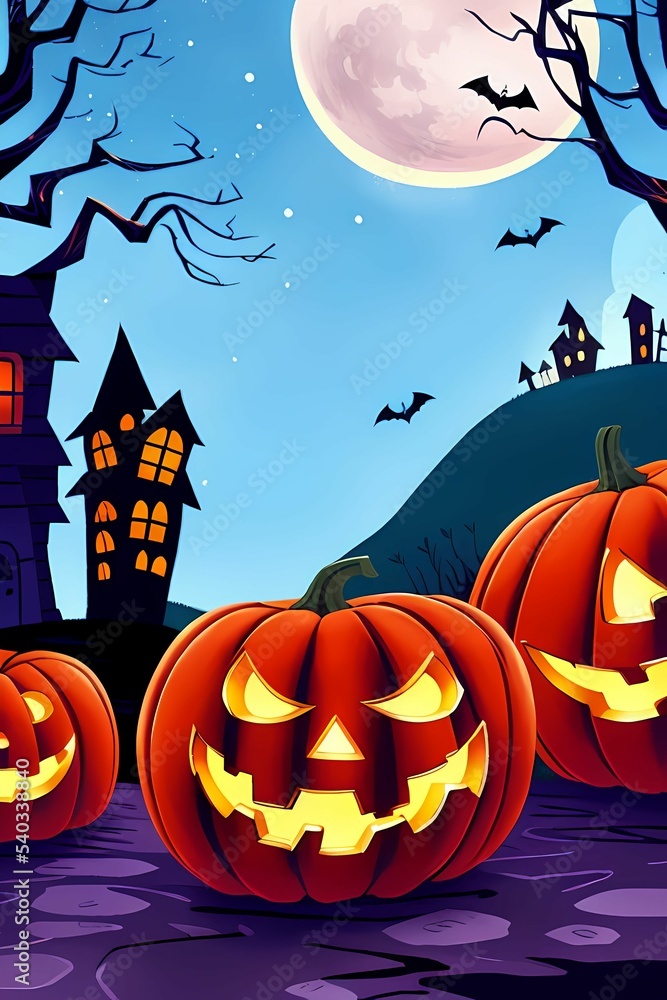 graphic illustration of angry halloween pumpkin tree silhouette moon and castle in cartoon kids book style