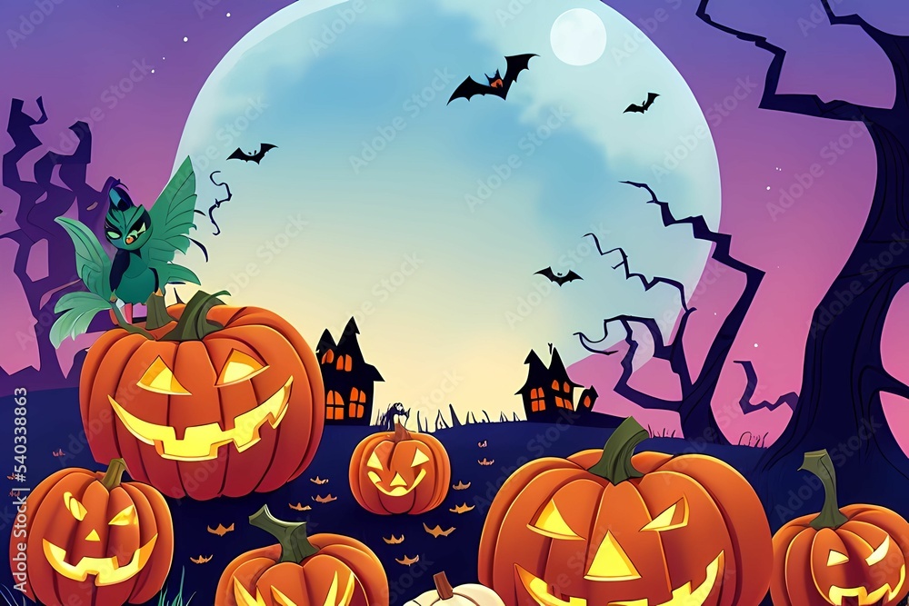 graphic illustration of angry halloween pumpkin tree silhouette moon and castle in cartoon kids book style