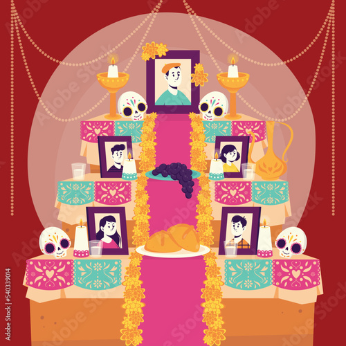 hand drawn flat dia de muertos family home altar vector design illustration