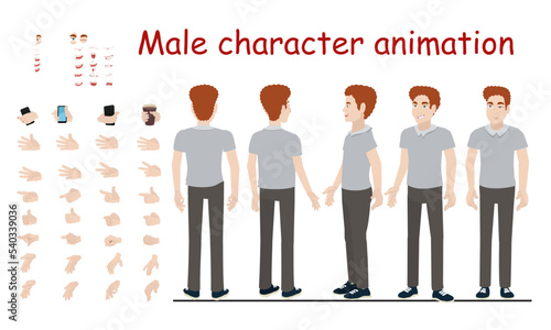 Male character for animation. View from the front, side and three quarters. Hands in different positions, facial expressions.