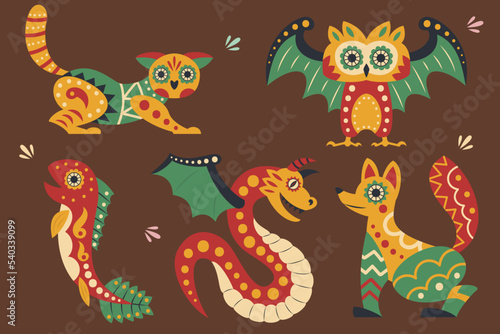 hand drawn flat dia de muertos alebrijes collection vector design illustration