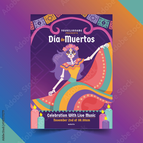 hand drawn flat dia de muertos vertical poster template vector design illustration