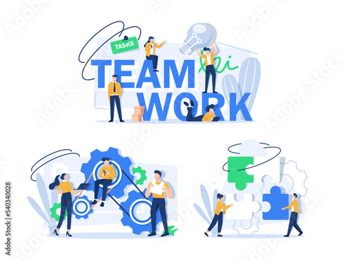 Teamwork concept with coworking and office work symbols flat vector illustration