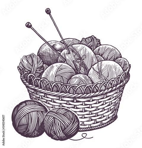 Basket with wool balls, yarn, knitting needles. Handmade knitting concept. Sketch vintage vector illustration