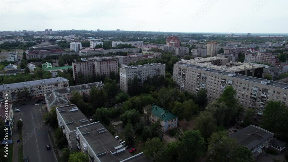 Yaroslavl, Russia - August 22 2022: Flight over rooftops Yaroslavl, Russia - August 22 2022: Flight over rooftops