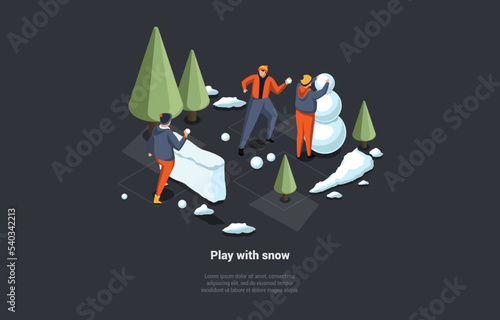Concept Of Winter Holidays And Family Vacations. Happy Man And Woman Having Winter Fun Together. People Playing and Throwing Snowballs, Making Snowman In The Forest. Isometric 3D Vector Illustration