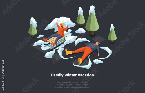 Concept Of Winter Holidays, Family Christmas Vacations. Family On Winter Vacations. Characters Play With Snow, Sledging, Having Fun Spending Time Together. Isometric 3D Cartoon Vector Illustration