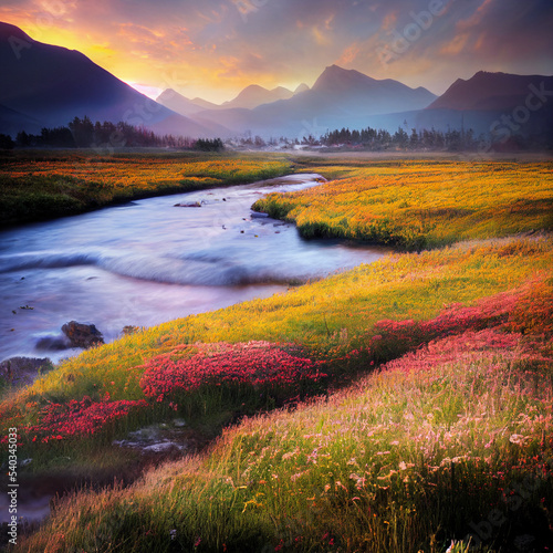 Beautiful landscape of a field with flowers and river in the mountains at dawn. High quality illustration