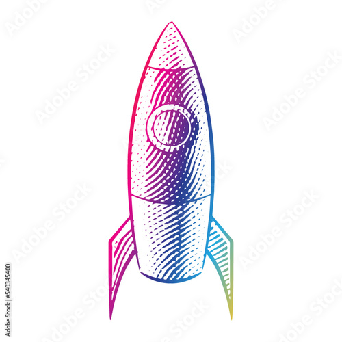 Scratchboard Engraved Illustration of a Rocket in Rainbow Colors photo