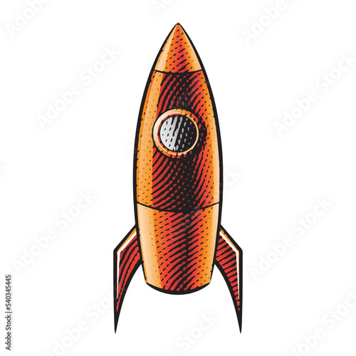 Scratchboard Engraved Illustration of a Rocket with Orange Fill photo