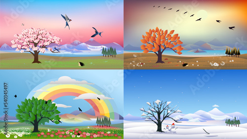 4 seasons landscape with trees, mountains, birds, flowers 