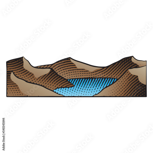 Scratchboard Engraving of Mountain Lake with Colorful Fill