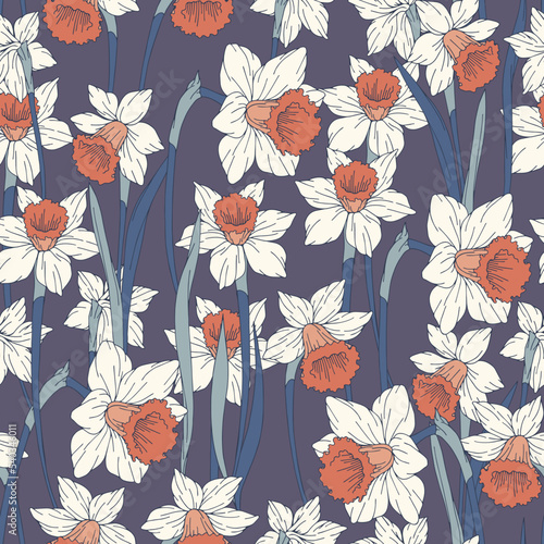 Floral seamless vector pattern with narcissus flowers. Vector background © Elonalaff