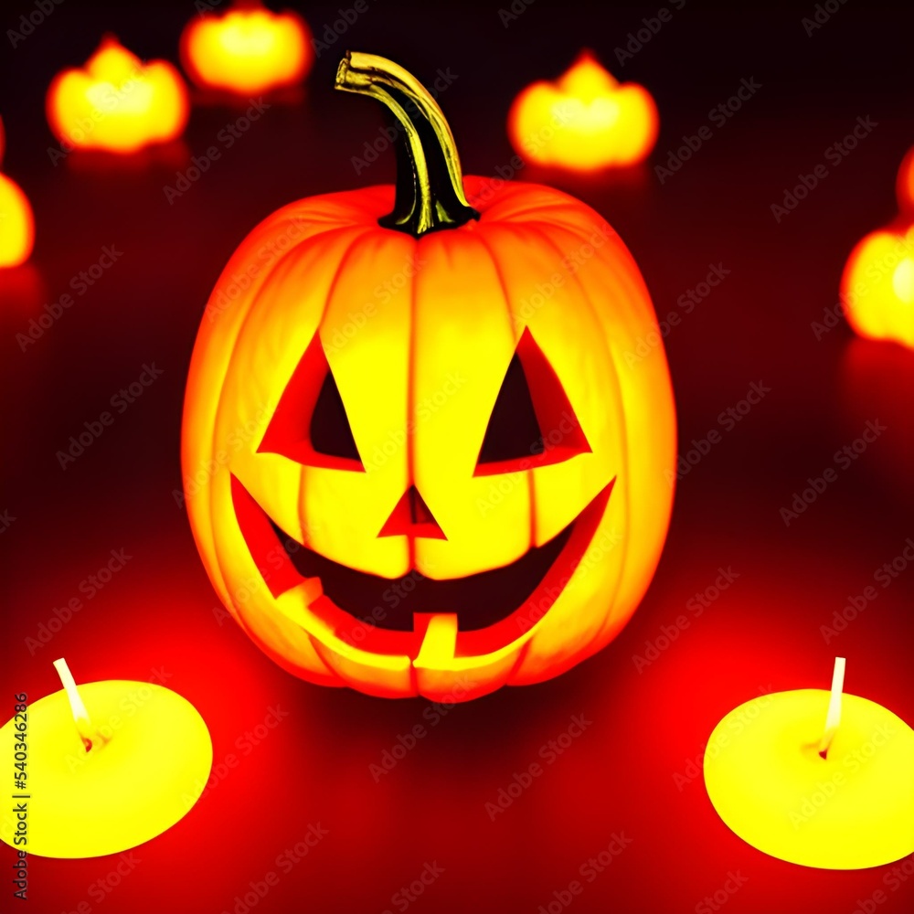 Fototapeta premium Creepy helloween pumpkin head lighted with candle 3d illustration