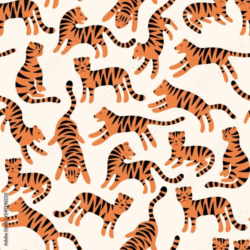Tigers. Vector seamless pattern with tigers. Cute seamless background for baby clothes and textiles