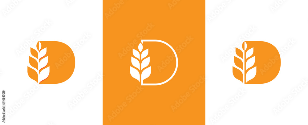 Initial Letter D Wheat Logo Concept symbol sign icon Element Design. Agriculture, Bakery, Bread, Grain Logotype. Vector illustration template - obrazy, fototapety, plakaty 