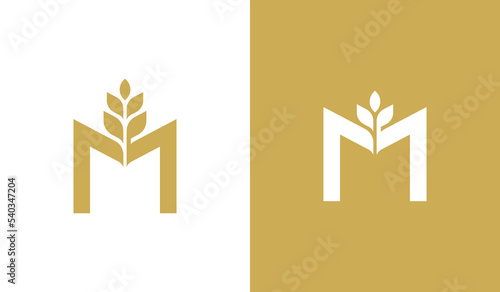 Initial Letter M Wheat Logo Concept symbol sign icon Element Design. Agriculture, Bakery, Bread, Grain Logotype. Vector illustration template