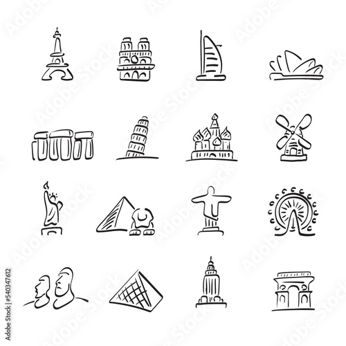 landmarks icon set illustration vector hand drawn isolated on white background line art.