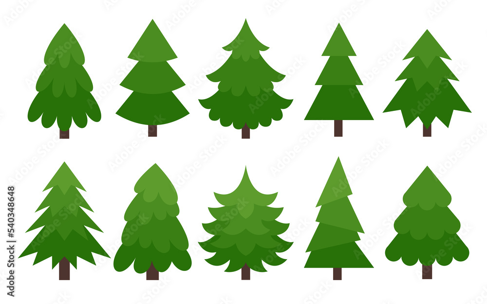 Christmas tree flat icon set. Evergreen forest conifer plant, spruce, fir, pine. Merry Xmas and New Year party traditional decoration green cartoon tree. Winter holiday happy symbol isolated on white