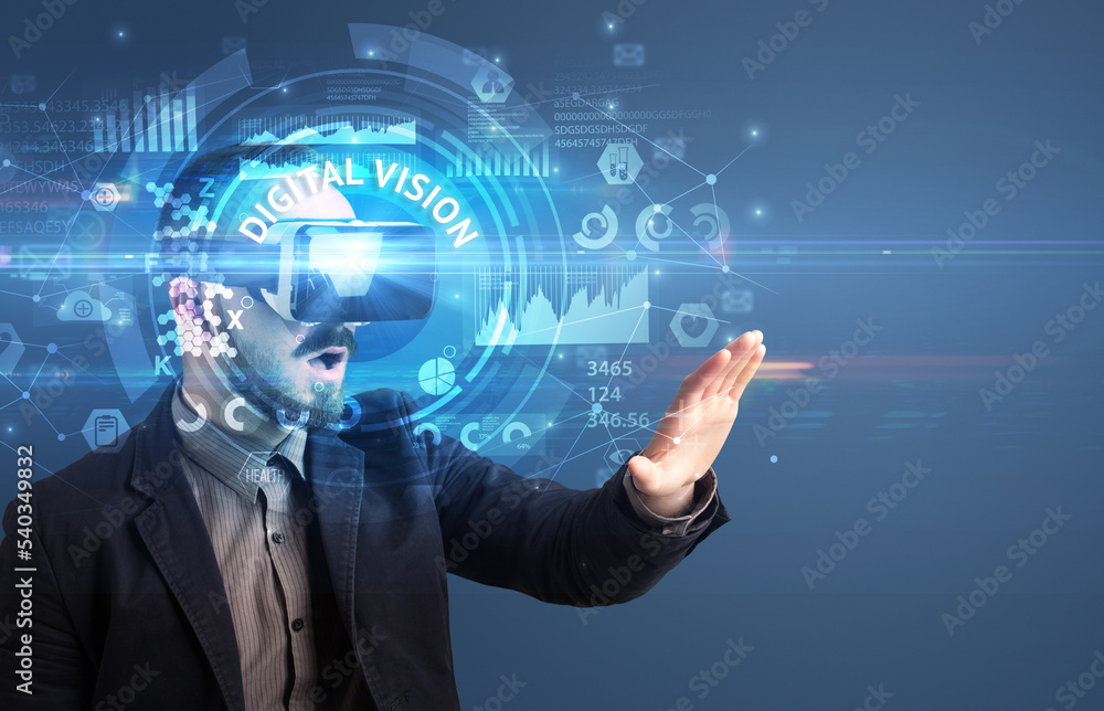 Fototapeta premium Businessman looking through VR glasses