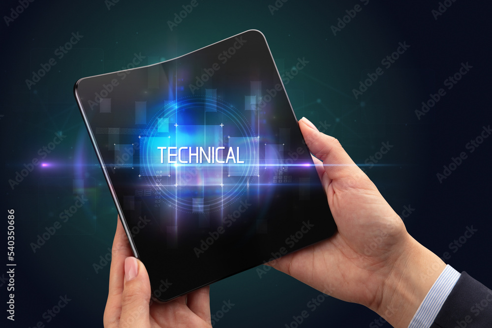 Businessman holding a foldable smartphone Businessman holding a foldable smartphone