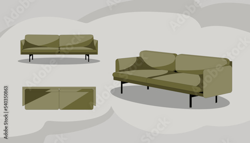 Double sofa vector illustration. Front view, top view, perspective. Soft couch for room and home interior design.