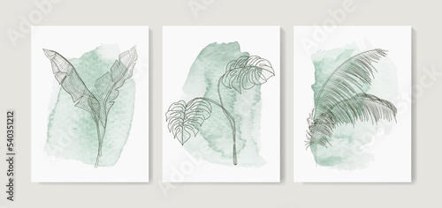 Watercolor art background in green tones with tropical leaves of monstera and palm trees in art line style. Botanical hand drawn print set for invitations, cover, wallpaper, poster, interior, decor.