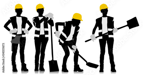 Silhouettes set of female workers with helmets. Vector flat style illustration isolated on white. Full length view