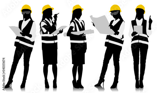 Silhouettes set of female workers with helmets. Vector flat style illustration isolated on white. Full length view