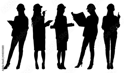 Silhouettes set of female workers with helmets. Vector flat style illustration isolated on white. Full length view
