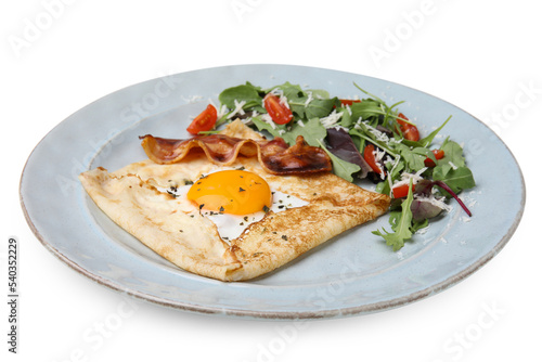 Delicious crepe with egg isolated on white. Breton galette