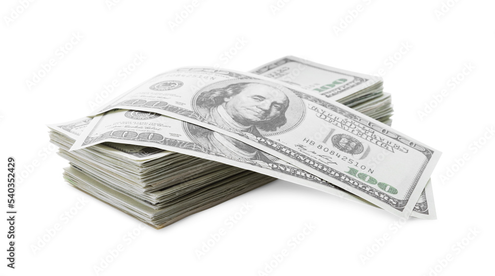 Many dollar banknotes on white background. American national currency Many dollar banknotes on white background. American national currency