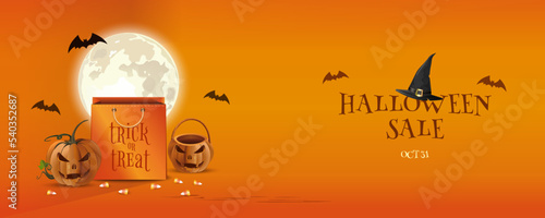 Halloween sale horizontal banner design. Orange paper shopping bag for Halloween. 31 October. Vector illustration