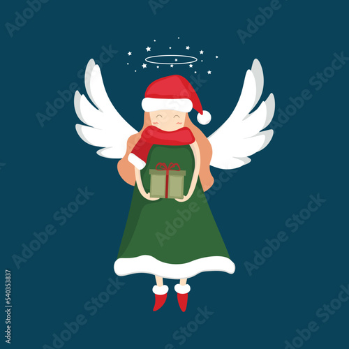 Little cute angel holding a gift box for Christmas celebration. Vector illustration on dark blue background
