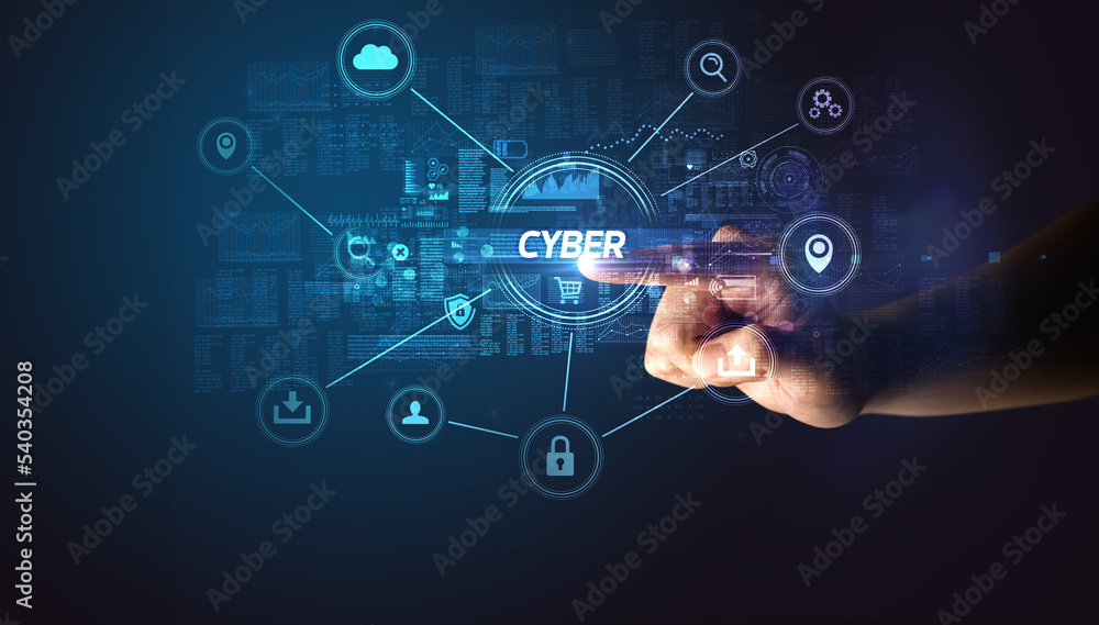 Hand touching cybersecurity button concept Hand touching cybersecurity button concept