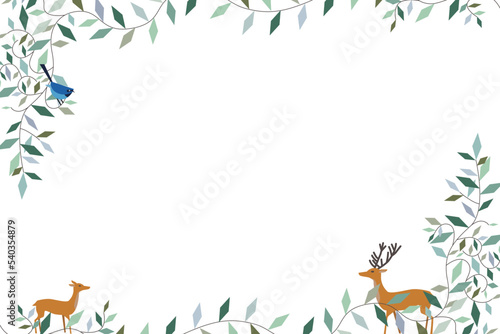 green creeping plant, deer and bluebird