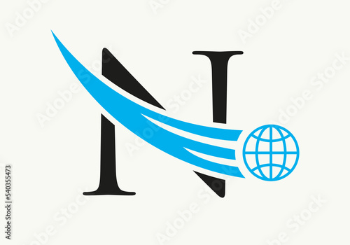 Letter N World Logo Concept With Moving Global Icon Vector Template