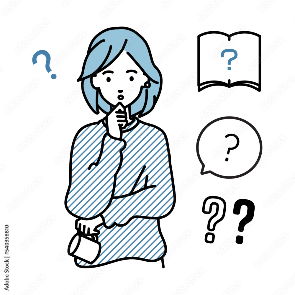 立って手をあごにあてて疑問を感じているリモートワークの女性 クエスチョンマークのセット 立って手をあごにあてて疑問を感じているリモートワークの女性 クエスチョンマークのセット