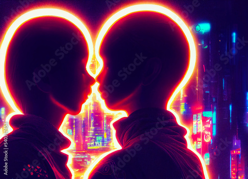 Loving couple. Cybercity. Neon Lights. Furute Humans.  photo