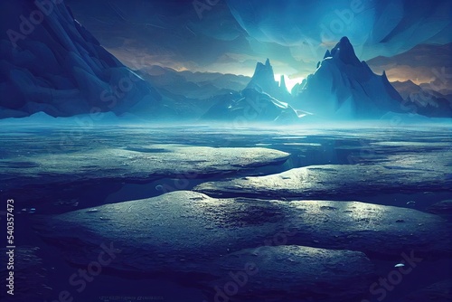 Fantasy concept showing a Rocky Mountains, Canada Alien lake of frozen bubbles. digital art style, illustration painting , horizontal side view, skyline